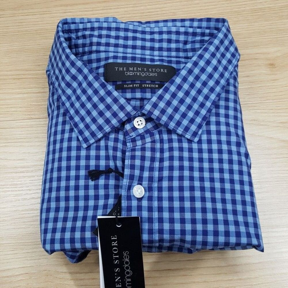 BLOOMINGDALES Shirt Mens XL Blue Check Button Up Slim Fit Stretch